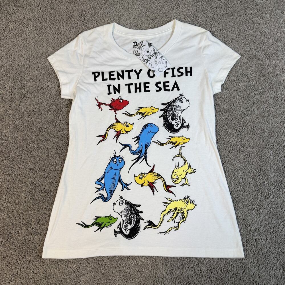 Dr. Seuss Shirt Womens XL White Slim Fit Crew Neck Plenty O' Fish Graphic